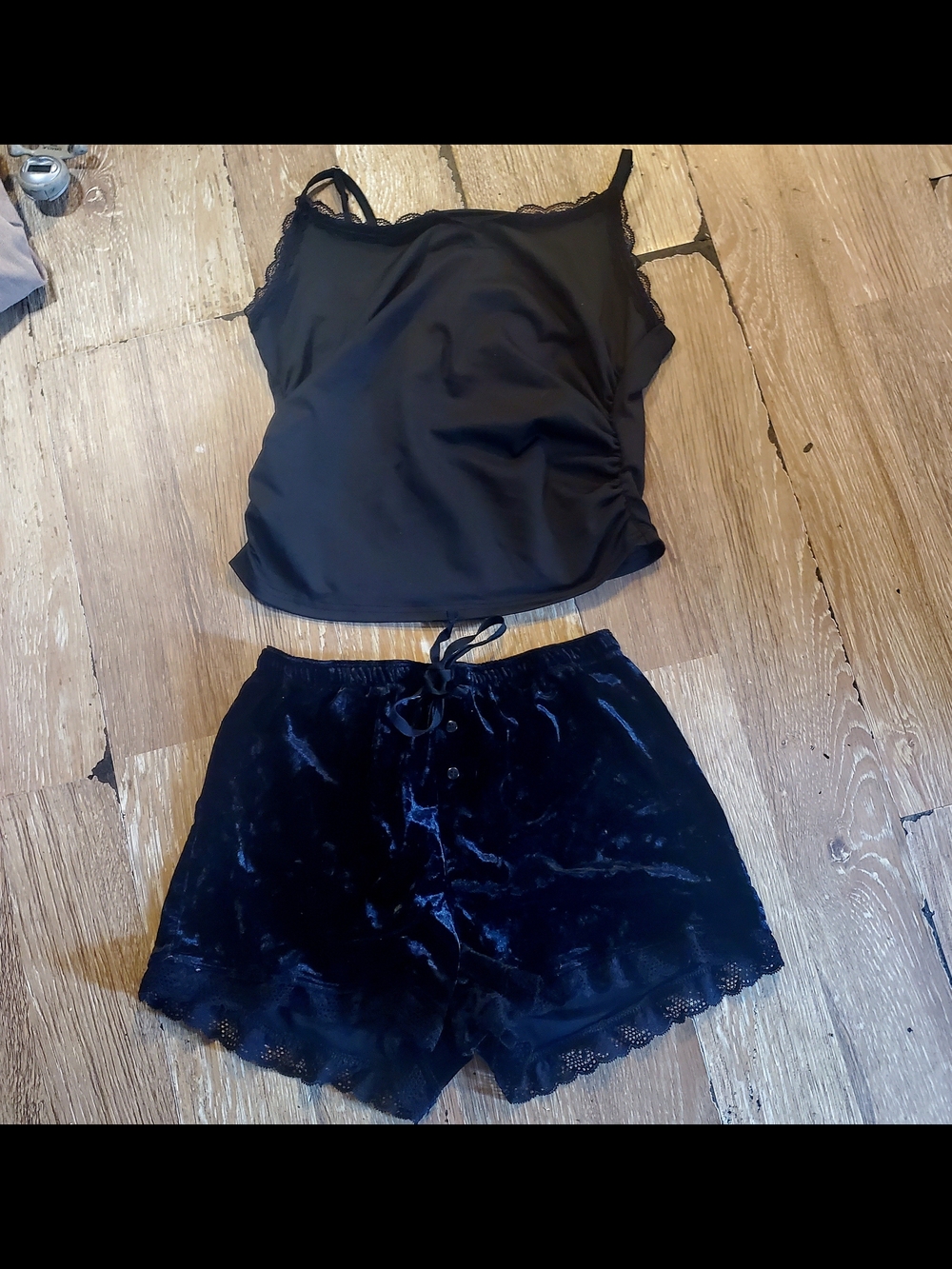 Black Lace-Trim Cami & Velvet Shorts Sleep/lounge Set